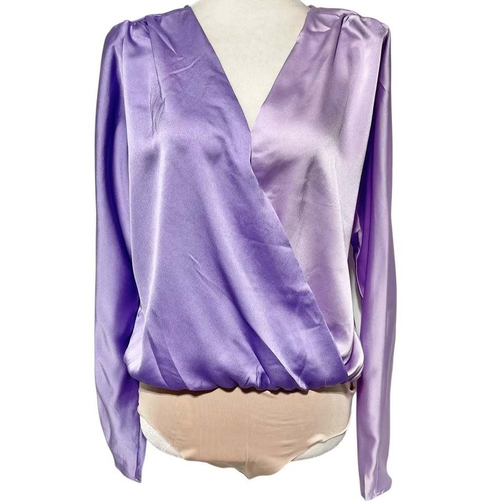 New Strut & Bolt Two Tone Satin Faux Wrap Long Sleeve Bodysuit Purple Sz Medium